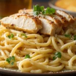 A delicious plate of chicken garlic parmesan pasta topped with fresh parsley and parmesan shavings, showcasing a creamy, savory dish.