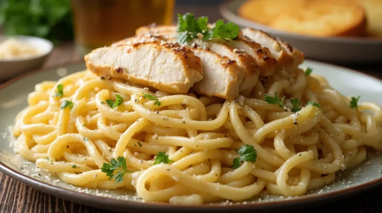 A delicious plate of chicken garlic parmesan pasta topped with fresh parsley and parmesan shavings, showcasing a creamy, savory dish.
