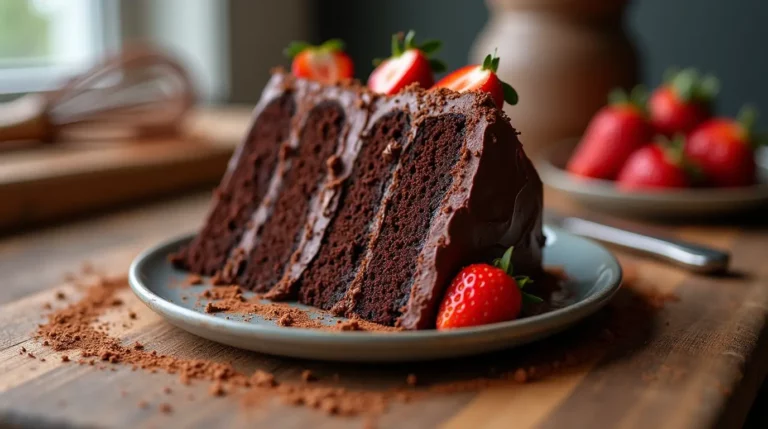 A visually stunning Matilda Chocolate Cake layered with moist chocolate sponge, creamy frosting, and garnished with chocolate shavings and fresh strawberries.