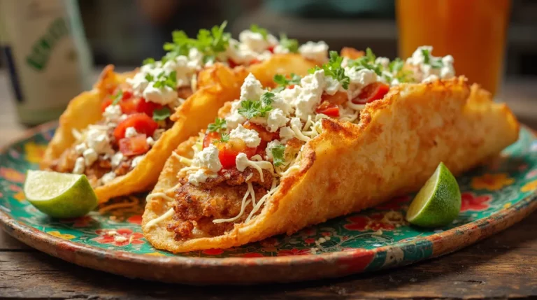 A freshly prepared Chicharron Preparado topped with shredded cabbage, crema, salsa, and fresh tomatoes, served on a rustic wooden board