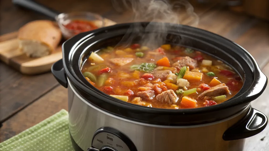 A steaming bowl of hearty crockpot soup with vegetables, beans, and tender chicken, served in a rustic bowl with a spoon.
